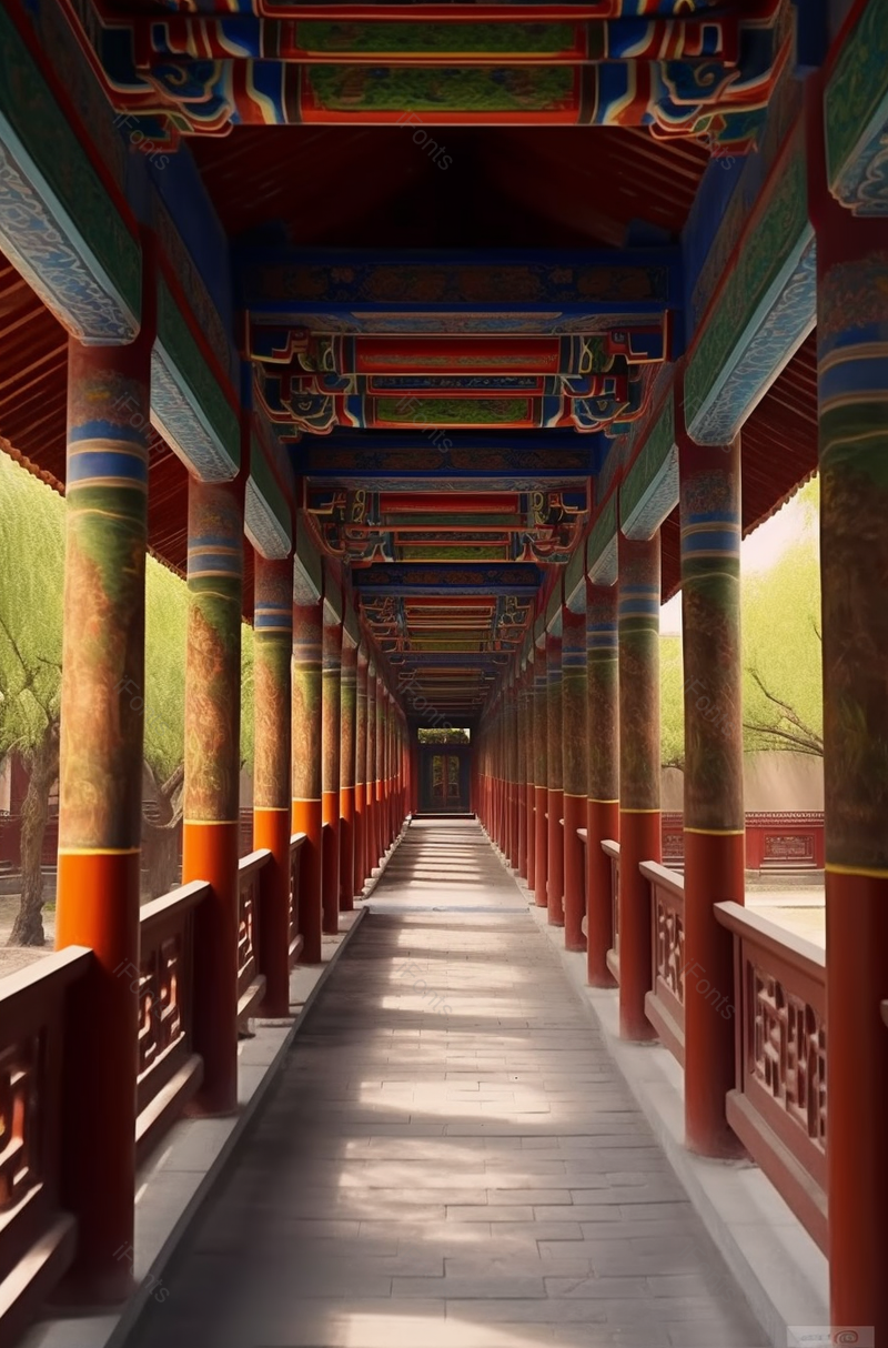 中式建筑景区长廊阳光照耀风景,高清,摄影图,摄影图片,图片大全,摄影图免费下载